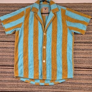 OAS Turcs Terry‎ Shirt Teal Blue Tan Striped Terry Cloth Cotton Small Mens Shirt